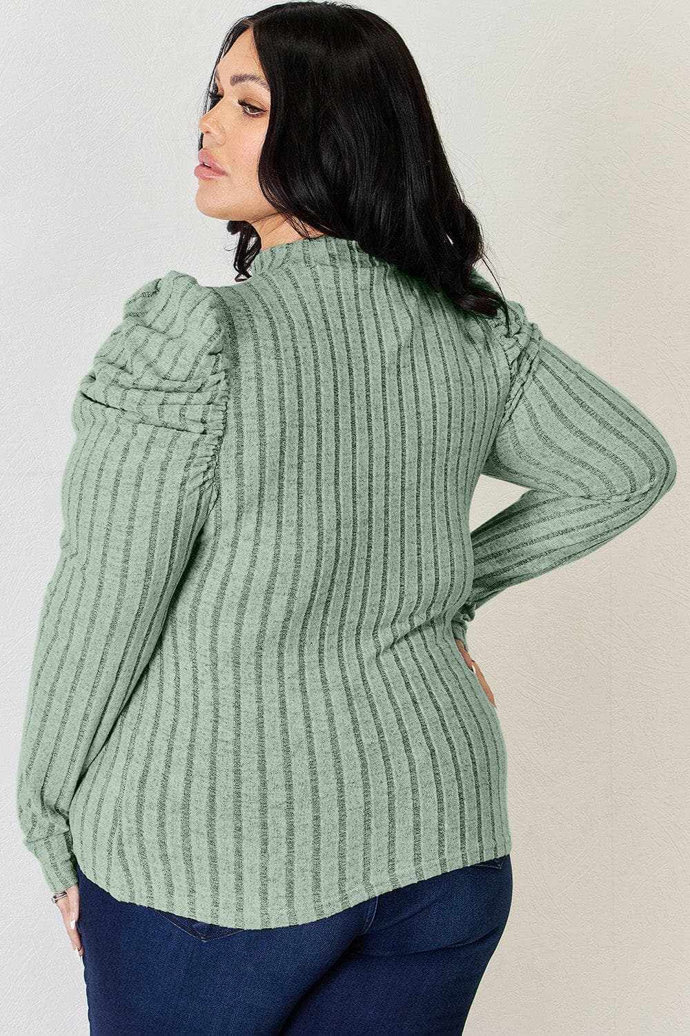 Ribbed mock neck top with puff sleeves - Love Salve